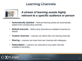 A stream of learning assets highly
               relevant to a specific audience or person

• Automatically Updated – Relevant learning assets are automatically
  added to the corresponding channels.

• Default channels – Define what channels are available to learners by
  default.

• Custom channels – Learners can define their own learning channels.

• Sharing – Learners can share their own channels with colleagues.

• Subscription – Learners can subscribe to any public channels
  available in the library.




                              © 2012 Xyleme, Inc.- All rights reserved   17
 