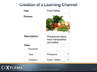 Title:                          Food Safety

Picture:




Description:                    Procedures about
                                food manipulation
                                and safety
Filter
    Keywords:

     Type:                      Procedure

     Category:                  Food > Safety



                 © 2012 Xyleme, Inc.- All rights reserved   18
 