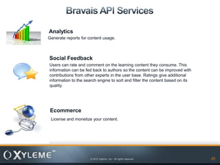 Analytics
Generate reports for content usage.



Social Feedback
Users can rate and comment on the learning content they consume. This
information can be fed back to authors so the content can be improved with
contributions from other experts in the user base. Ratings give additional
information to the search engine to sort and filter the content based on its
quality.




 Ecommerce
 License and monetize your content.




                      © 2012 Xyleme, Inc.- All rights reserved                 25
 