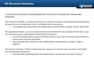 Kit Recursos Humanos
                                                                                              www.bravatec.com.br




• Este processo contempla a Automatização dos Processos de Solicitação para Substituição
Temporária.

• Na primeira atividade, o usuário preencherá os campos necessários à Solicitação para Substituição
Temporária de um colaborador. Esta é a atividade inicial do processo.
      • A atividade estará disponível aos colaboradores pertencentes ao papel “Gestor Solicitante”.

•Na segunda atividade, o usuário complementará o preenchimento dos campos do formulário, que
são necessários para a efetivação da Substituição Temporária.
     • O usuário poderá retornar para a atividade anterior, para que a correção seja realizada ou
        enviar para o próximo aprovador.
     • Esta atividade estará disponível aos colaboradores pertencentes ao papel “Cargos e
        Salários”.

•Na terceira atividade, o Diretor poderá aprovar, reprovar ou retornar para correção a Solicitação
para Substituição Temporária.
     • Esta atividade estará disponível aos colaboradores pertencentes ao papel “Diretor”.
 