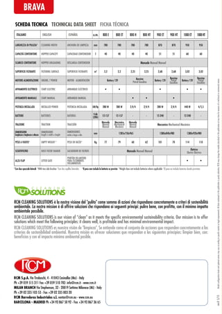 RCM S.p.A. Via Tiraboschi, 4 - 41043 Casinalbo (Mo) - Italy
Ph +39 059 515 311 Fax +39 059 510 783 info@rcm.it - www.rcm.it
MILAN BRANCH Via Stephenson, 32 - 20019 Settimo Milanese (Mi) - Italy
Ph +39 02 335 103 53 - Fax +39 02 335 003 20
RCM Barredoras Industriales s.l. ventas@rcm.eu - www.rcm.eu
BARCELONA - MADRID Ph +34 93 867 50 92 - Fax +34 93 867 36 65
Modelconfigurationlevelsandoptionalextrasmayvaryaccordingtospecificmarketorlegalrequirements.Alldatacontainedinthispublicationispurelyindicative.RCMmaychangethemodelsdescribedinthispublicationatanytimeforreasonsofatechnicalorcommercialnature.rev.05/15
SCHEDA TECNICA TECHNICAL DATA SHEET FICHA TÉCNICA
LARGHEZZA DI PULIZIA* CLEANING WIDTH ANCHURA DE LIMPIEZA mm 780 780 780 780 870 870 950 950
CAPACITÀ CONTENITORE HOPPER CAPACITY CAPACIDAD CONTENEDOR l 40 40 40 40 51 51 60 60
SCARICO CONTENITORE HOPPER UNLOADING DESCARGA CONTENEDOR Manuale Manual Manuel
SUPERFICIE FILTRANTE FILTERING SURFACE SUPERFICIE FILTRANTE m2
2,2 2,2 2,25 2,25 2,68 2,68 3,02 3,02
MOTORE-ALIMENTAZIONE ENGINE / POWER MOTOR - ALIMENTACIÓN Battery 12V
Benzina
Petrol Gasolina
Battery 12V
Benzina
Petrol
Gasolina
Battery 12V
Benzina
Petrol
Gasolina
AVVIAMENTO ELETTRICO START ELECTRIC ARRANQUE ELÉCTRICO • • • • •
AVVIAMENTO MANUALE START MANUAL ARRANQUE MANUAL • • •
POTENZA INSTALLATA INSTALLED POWER POTENCIA INSTALADA kW/Hp 280 W 280 W 2,9/4 2,9/4 280 W 2,9/4 440 W 4/5,5
BATTERIE BATTERIES BATERÍAS
V-Ah
(20h)
12-157 12-157 - - 12-240 - 12-240 -
TRAZIONE TRACTION TRACCIÓN
Manuale
Manual
Manuel
Meccanico
Mechanical
Mecánico
Manuale
Manual
Manuel
Meccanico Mechanical Mecánico
DIMENSIONI
lunghezzaxlarghezzaxaltezza
DIMENSIONS
length x width x height
DIMENSIONES
ancho x largo x alto
mm 1285x750x965 1380x840x980 1380x920x980
PESO A VUOTO* EMPTY WEIGHT * PESO EN VACÍO* Kg 77 79 60 62 101 70 114 110
SCUOTIFILTRO DUST FILTER SHAKER SACUDIDOR DE FILTROS Manuale Manual Manual Elettrico
Electric Eléctrico
ALZA FLAP LITTER GATE
PORTÓN DELANTERO
PARA ESCOMBROS
VOLUMINOSOS
• •
ITALIANO ENGLISH ESPAÑOL u.m. 800 E 800 ET 800 H 800 HT 900 ET 900 HT 1000ET 1000HT
*Il peso non include le batterie se previste *Weight does not include batteries where applicable *El peso no include baterías donde previstas*Con due spazzole laterali *With two side brushes *Con dos cepillos laterales
RCM CLEANING SOLUTIONS è la nostra visione del "pulito" come somma di azioni che rispondano concretamente a criteri di sostenibilità
ambientale. La nostra mission è di offrire soluzioni che rispondano ai seguenti principi: pulire bene, con profitto, con il minimo impatto
ambientale possibile.
RCM CLEANING SOLUTIONS es nuestra visión de "limpieza". Se entiende como el conjunto de acciones que responden concretamente a los
criterios de sostenibilidad ambiental. Nuestra misión es ofrecer soluciones que respondan a los siguientes principios: limpiar bien, con:
beneficios y con el impacto mínimo ambiental posible.
RCM CLEANING SOLUTIONS is our vision of “clean” as it meets the specific environmental sustainability criteria. Our mission is to offer
solutions which meet the following principles: it cleans well, is profitable and has minimal environmental impact.
BRAVA
 