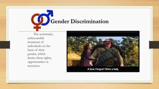 Gender Discrimination
The systematic,
unfavourable
treatment of
individuals on the
basis of their
gender, which
denies them rights,
opportunities or
resources.
 