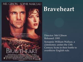 Braveheart


{   Director: Mel Gibson
    Released: 1995
    Synopsis: William Wallace, a
    commoner, unites the 13th
    Century Scots in their battle to
    overthrow English rule.
 