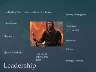    Identify the characteristics of a hero.
                                              Brave / Courageous


    Resilience
                                              Passionate
                                                    Caring

Honesty
                                              Respected


                                              Selfless
Quick thinking               The use of
                             other / ‘bad
                             guys’            Strong / Powerful

Leadership
 