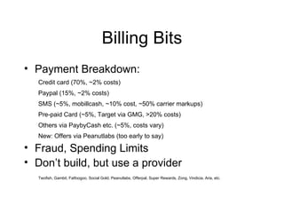 Billing Bits <ul><li>Payment Breakdown: </li></ul><ul><ul><li>Credit card (70%, ~2% costs) </li></ul></ul><ul><ul><li>Payp...