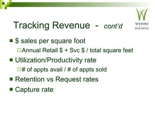 Tracking Revenue  -  cont’d $ sales per square foot Annual Retail $ + Svc $ / total square feet Utilization/Productivity rate # of appts avail / # of appts sold Retention vs Request rates Capture rate 