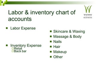 Labor & inventory chart of accounts Labor Expense  Inventory Expense Retail Back bar Skincare & Waxing Massage & Body Nails Hair Makeup Other 