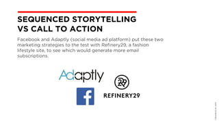 Facebook and Adaptly (social media ad platform) put these two
marketing strategies to the test with Refinery29, a fashion
lifestyle site, to see which would generate more email
subscriptions.
©BravoEchoInc,2015
SEQUENCED STORYTELLING  
VS CALL TO ACTION
 
