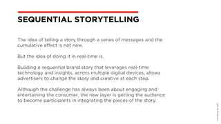 The idea of telling a story through a series of messages and the
cumulative effect is not new.
But the idea of doing it in real-time is.
Building a sequential brand story that leverages real-time
technology and insights, across multiple digital devices, allows
advertisers to change the story and creative at each step.
Although the challenge has always been about engaging and
entertaining the consumer, the new layer is getting the audience
to become participants in integrating the pieces of the story.
©BravoEchoInc,2015
SEQUENTIAL STORYTELLING
 