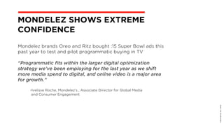 Mondelez brands Oreo and Ritz bought :15 Super Bowl ads this
past year to test and pilot programmatic buying in TV
“Programmatic fits within the larger digital optimization
strategy we’ve been employing for the last year as we shift
more media spend to digital, and online video is a major area
for growth.”
-Ivelisse Roche, Mondelez’s , Associate Director for Global Media  
and Consumer Engagement
©BravoEchoInc,2015
MONDELEZ SHOWS EXTREME
CONFIDENCE
 