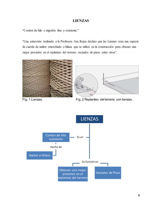 4
LIENZAS
“Cordon de hilo o algodón fino y resistente.”
“Una entrevista realizada a la Profesora Axa Rojas declaro que las Lienzas eran una especie
de cuerda de nailon entorchado o hilaza que se utiliza en la construcción para obtener una
mejor precisión en el replanteo del terreno, vaciados de pisos, entre otros”.
Fig. 1 Lienzas. Fig. 2 Replanteo del terreno con lienzas.
LIENZAS
Obtener una mejor
presicion en el
replanteo del terreno
Vaciados de Pisos
Cordon de hilo
resistente
Nailon o Hilaza
Es un
Hecho de
Su función es
 