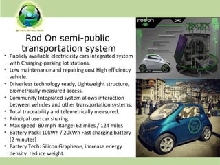 Rod On semi-public
transportation system
●
Publicly available electric city cars Integrated system
with Charging-parking lot stations.
●
Low maintenance and repairing cost High efficiency
vehicle.
●
Driverless technology ready, Lightweight structure,
Biometrically measured access.
●
Community Integrated system allows interaction
between vehicles and other transportation systems.
●
Total traceability and telemetrically measured.
●
Principal use: car sharing.
●
Max speed: 80 mph Range: 62 miles / 124 miles
●
Battery Pack: 10kWh / 20kWh Fast charging battery
(2 minutes)
●
Battery Tech: Silicon Graphene, increase energy
density, reduce weight.
 