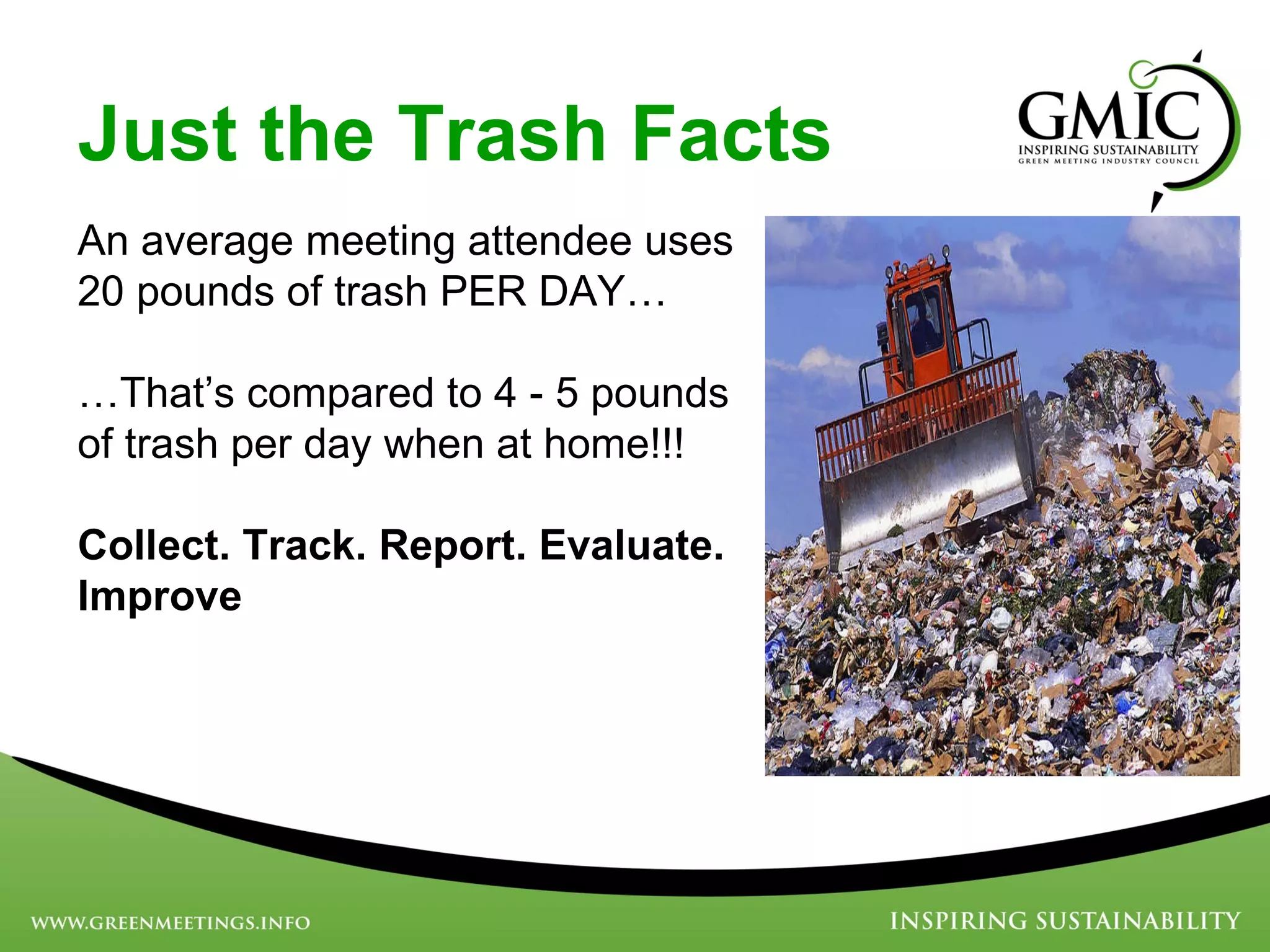 An average meeting attendee uses 20 pounds of trash PER DAY… … That’s compared to 4 - 5 pounds of trash per day when at home!!! Collect. Track. Report. Evaluate. Improve Just the Trash Facts 