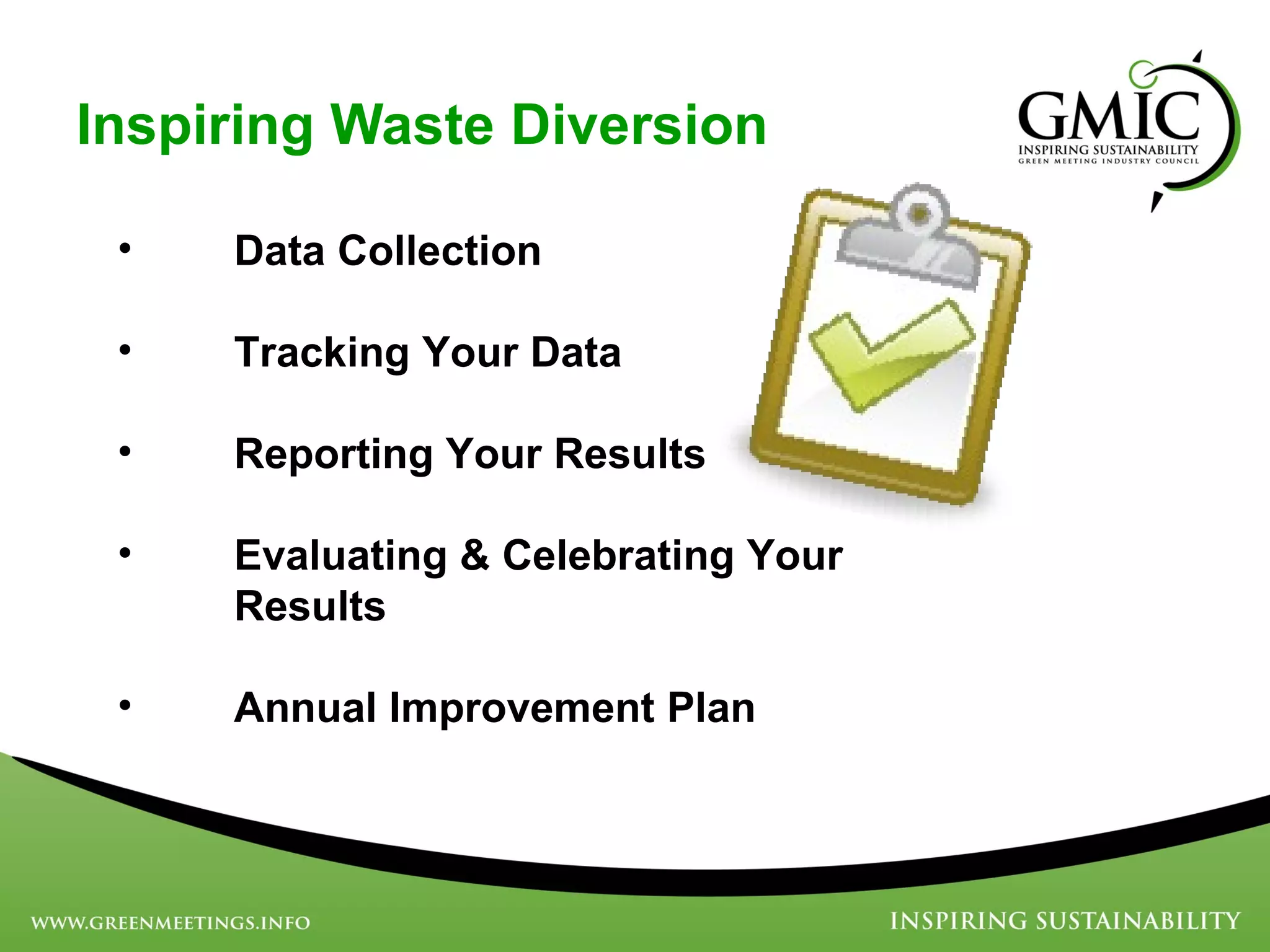 Inspiring Waste Diversion Data Collection Tracking Your Data Reporting Your Results Evaluating & Celebrating Your Results Annual Improvement Plan 