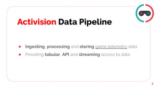 Activision Data Pipeline
3
● Ingesting, processing and storing game telemetry data
● Providing tabular, API and streaming ...