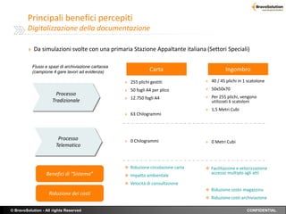 Principali benefici percepiti
        Digitalizzazione della documentazione

         » Da simulazioni svolte con una primaria Stazione Appaltante italiana (Settori Speciali)

           Flussi e spazi di archiviazione cartacea
           (campione 4 gare lavori ad evidenza)                    Carta                          Ingombro
                                                      » 255 plichi gestiti             » 40 / 45 plichi in 1 scatolone

                                                      » 50 fogli A4 per plico          » 50x50x70
                       Processo
                                                      » 12.750 fogli A4                » Per 255 plichi, vengono
                     Tradizionale                                                         utilizzati 6 scatoloni
                                                                                       » 1,5 Metri Cubi
                                                      » 63 Chilogrammi




                        Processo                      » 0 Chilogrammi                  » 0 Metri Cubi
                       Telematico


                                                       Riduzione circolazione carta    Facilitazione e velocizzazione
                  Benefici di “Sistema”                                                  accesso multiplo agli atti
                                                       Impatto ambientale
                                                       Velocità di consultazione
                                                                                        Riduzione costo magazzino
                    Riduzione dei costi
                                                                                        Riduzione costi archiviazione

© BravoSolution - All rights Reserved                                                                         CONFIDENTIAL
 
