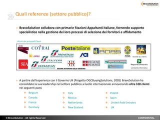 Quali referenze (settore pubblico)?

         » BravoSolution collabora con primarie Stazioni Appaltanti italiane, fornendo supporto
            specialistico nella gestione dei loro processi di selezione dei fornitori e affidamento

          Alcuni dei principali Clienti




                                                                                                        REGIONE DEL VENETO




                                                                                                      Lombardia Informatica




         » A partire dall’esperienza con il Governo UK (Progetto OGCBuyingSolutions, 2005) BravoSolution ha
            consolidato la sua leadership nel settore pubblico a livello internazionale annoverando oltre 100 clienti
            nei seguenti paesi
                  Belgium                        Italy                          Poland
                  Canada                         Mexico                         Spain
                  France                         Netherlands                      United Arab Emirates
                  Germany                        New Zealand                      UK


© BravoSolution - All rights Reserved                                                                          CONFIDENTIAL
 
