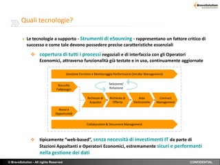 Quali tecnologie?

         » Le tecnologie a supporto - Strumenti di eSourcing - rappresentano un fattore critico di
            successo e come tale devono possedere precise caratteristiche essenziali
                copertura di tutti i processi negoziali e di interfaccia con gli Operatori
                 Economici, attraverso funzionalità già testate e in uso, continuamente aggiornate

                                        Gestione Fornitori e Monitoraggio Performance (Vendor Management)


                                 Raccolta                            Selezione/
                                Fabbisogni                           Rotazione


                                                      Richieste di   Richieste di        Aste        Contract
                                                       Acquisto        Offerta       Elettroniche   Management

                                  Avvisi e
                                Opportunità


                                                     Collaboration & Document Management



                    tipicamente “web-based”, senza necessità di investimenti IT da parte di
                     Stazioni Appaltanti e Operatori Economici, estremamente sicuri e performanti
                     nella gestione dei dati
© BravoSolution - All rights Reserved                                                                            CONFIDENTIAL
 