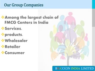 LOGO
Our Group Companies
YOUR COMPANY NAME or YOUR SITE ADDRESS
Among the largest chain of
FMCG Centers in India
Services.
products.
Wholesaler
Retailer
Consumer
BRAXXON INDIA LIMITED
 