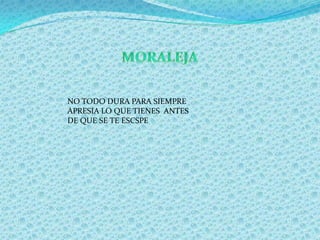 NO TODO DURA PARA SIEMPRE
APRESIA LO QUE TIENES ANTES
DE QUE SE TE ESCSPE
 