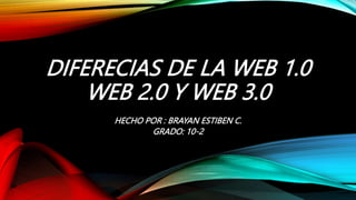 DIFERECIAS DE LA WEB 1.0
WEB 2.0 Y WEB 3.0
HECHO POR : BRAYAN ESTIBEN C.
GRADO: 10-2
 