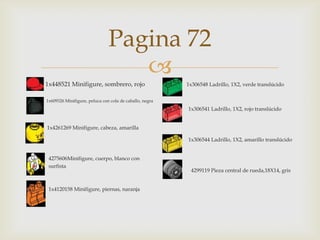 

Pagina 72

1x448521 Minifigure, sombrero, rojo



1x306548 Ladrillo, 1X2, verde translúcido

1x609326 Minifigure, peluca con cola de caballo, negra

1x306541 Ladrillo, 1X2, rojo translúcido
1x4261269 Minifigure, cabeza, amarilla
1x306544 Ladrillo, 1X2, amarillo translúcido
4275606Minifigure, cuerpo, blanco con
surfista

1x4120158 Minifigure, piernas, naranja

4299119 Pieza central de rueda,18X14, gris

 