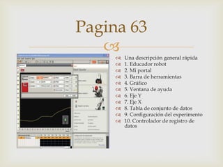 Pagina 63













Una descripción general rápida
1. Educador robot
2. Mi portal
3. Barra de herramientas
4. Gráfico
5. Ventana de ayuda
6. Eje Y
7. Eje X
8. Tabla de conjunto de datos
9. Configuración del experimento
10. Controlador de registro de
datos

 