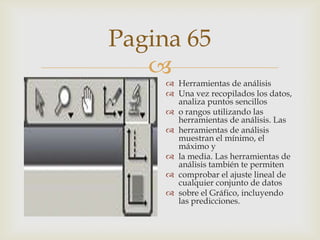 Pagina 65


 Herramientas de análisis
 Una vez recopilados los datos,
analiza puntos sencillos
 o rangos utilizando las
herramientas de análisis. Las
 herramientas de análisis
muestran el mínimo, el
máximo y
 la media. Las herramientas de
análisis también te permiten
 comprobar el ajuste lineal de
cualquier conjunto de datos
 sobre el Gráfico, incluyendo
las predicciones.

 