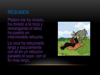 RESUMEN:
Platero me ha mirado,
ha mirado a la roca y
remangando el labio,
ha puesto un
interminable rebuzno.
La roca ha rebuznado
larga y oscuramente
con él en un rebuzno
paralelo el suyo, con el
fin mas largo.
 