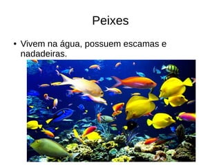 Peixes
● Vivem na água, possuem escamas e
nadadeiras.
 
