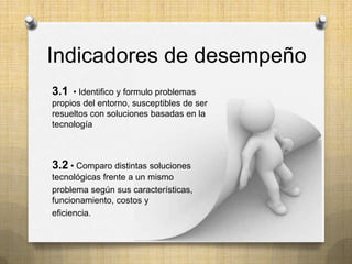 Indicadores de desempeño
3.1  • Identifico y formulo problemas
propios del entorno, susceptibles de ser
resueltos con soluciones basadas en la
tecnología



3.2 • Comparo distintas soluciones
tecnológicas frente a un mismo
problema según sus características,
funcionamiento, costos y
eficiencia.
 