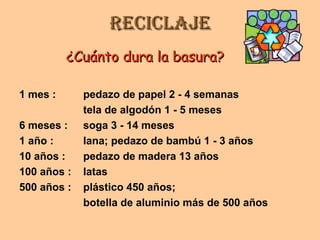 ReciclajeReciclaje
¿Cuánto dura la basura?¿Cuánto dura la basura?
1 mes : pedazo de papel 2 - 4 semanas
tela de algodón 1 - 5 meses
6 meses : soga 3 - 14 meses
1 año : lana; pedazo de bambú 1 - 3 años
10 años : pedazo de madera 13 años
100 años : latas
500 años : plástico 450 años;
botella de aluminio más de 500 años
 