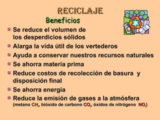ReciclajeReciclaje
BeneficiosBeneficios
Se reduce el volumen de
los desperdicios sólidos
Alarga la vida útil de los vertederos
Ayuda a conservar nuestros recursos naturales
Se ahorra materia prima
Reduce costos de recolección de basura y
disposición final
Se ahorra energía
Reduce la emisión de gases a la atmósfera
(metano CHCH44, bióxido de carbono COCO22, óxidos de nitrógeno NONOxx)
 
