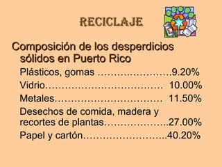 ReciclajeReciclaje
Composición de los desperdiciosComposición de los desperdicios
sólidos en Puerto Ricosólidos en Puerto Rico
Plásticos, gomas ……….………….9.20%
Vidrio……………………………… 10.00%
Metales…………………………… 11.50%
Desechos de comida, madera y
recortes de plantas………………..27.00%
Papel y cartón……………………..40.20%
 