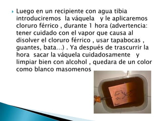    Luego en un recipiente con agua tibia
    introduciremos la váquela y le aplicaremos
    cloruro férrico , durante 1 hora (advertencia:
    tener cuidado con el vapor que causa al
    disolver el cloruro férrico , usar tapabocas ,
    guantes, bata…) . Ya después de trascurrir la
    hora sacar la váquela cuidadosamente y
    limpiar bien con alcohol , quedara de un color
    como blanco masomenos
 