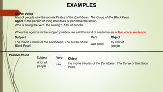 Subject Verb Object 
The movie Pirates of the Caribbean: The Curse of the 
Black Pearl. 
Subject Verb Object 
A lot of 
people 
saw the movie Pirates of the Caribbean: The Curse of the Black 
Pearl. 
was seen 
by a lot of 
people. 
EXAMPLES 
Active Voice 
A lot of people saw the movie Pirates of the Caribbean: The Curse of the Black Pearl. 
Agent = the person or thing that does or performs the action. 
Who is doing the verb, the seeing? A lot of people 
When the agent is in the subject position, we call this kind of sentence an active voice sentence. 
Passive Voice 
 