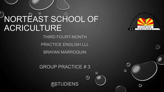NORTEAST SCHOOL OF 
ACRICULTURE 
THIRD FOURT-MONTH 
PRACTICE ENGLISH LLL 
BRAYAN MARROQUIN 
GROUP PRACTICE # 3 
ESTUDIENS 
 