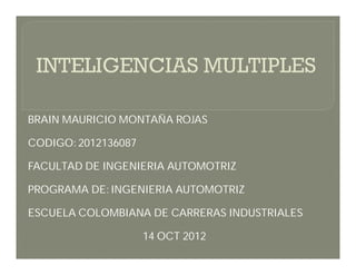 BRAIN MAURICIO MONTAÑA ROJAS

CODIGO: 2012136087

FACULTAD DE INGENIERIA AUTOMOTRIZ

PROGRAMA DE: INGENIERIA AUTOMOTRIZ

ESCUELA COLOMBIANA DE CARRERAS INDUSTRIALES

                     14 OCT 2012
 