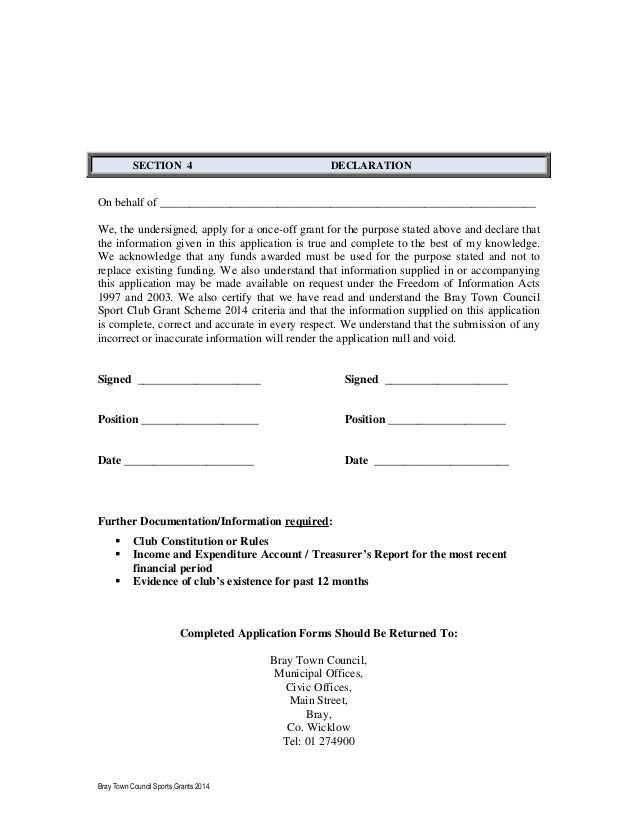 Bray Town Council sports grant application