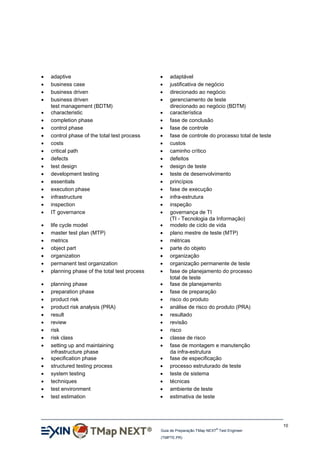 



















adaptive
business case
business driven
business driven
test management (BDTM)
characteristic
completion phase
control phase
control phase of the total test process
costs
critical path
defects
test design
development testing
essentials
execution phase
infrastructure
inspection
IT governance









life cycle model
master test plan (MTP)
metrics
object part
organization
permanent test organization
planning phase of the total test process



















planning phase
preparation phase
product risk
product risk analysis (PRA)
result
review
risk
risk class
setting up and maintaining
infrastructure phase
specification phase
structured testing process
system testing
techniques
test environment
test estimation













































adaptável
justificativa de negócio
direcionado ao negócio
gerenciamento de teste
direcionado ao negócio (BDTM)
característica
fase de conclusão
fase de controle
fase de controle do processo total de teste
custos
caminho crítico
defeitos
design de teste
teste de desenvolvimento
princípios
fase de execução
infra-estrutura
inspeção
governança de TI
(TI - Tecnologia da Informação)
modelo de ciclo de vida
plano mestre de teste (MTP)
métricas
parte do objeto
organização
organização permanente de teste
fase de planejamento do processo
total de teste
fase de planejamento
fase de preparação
risco do produto
análise de risco do produto (PRA)
resultado
revisão
risco
classe de risco
fase de montagem e manutenção
da infra-estrutura
fase de especificação
processo estruturado de teste
teste de sistema
técnicas
ambiente de teste
estimativa de teste

10
®

Guia de Preparação TMap NEXT Test Engineer
(TMPTE.PR)

 