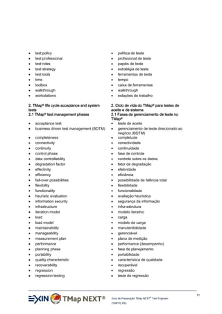 









test policy
test professional
test roles
test strategy
test tools
time
toolbox
walkthrough
workstations

2. TMap® life cycle acceptance and system
tests
2.1 TMap® test management phases



acceptance test
business driven test management (BDTM)





























completeness
connectivity
continuity
control phase
data controllability
degradation factor
effectivity
efficiency
fail-over possibilities
flexibility
functionality
heuristic evaluation
information security
infrastructure
iteration model
load
load model
maintainability
manageability
measurement plan
performance
planning phase
portability
quality characteristic
recoverability
regression
regression testing











política de teste
profissional de teste
papéis de teste
estratégia de teste
ferramentas de teste
tempo
caixa de ferramentas
walkthrough
estações de trabalho

2. Ciclo de vida do TMap® para testes de
aceite e de sistema
2.1 Fases de gerenciamento de teste no
TMap®
 teste de aceite
 gerenciamento de teste direcionado ao
negócio (BDTM)
 completude
 conectividade
 continuidade
 fase de controle
 controle sobre os dados
 fator de degradação
 efetividade
 eficiência
 possibilidade de falência total
 flexibilidade
 funcionalidade
 avaliação heuristica
 segurança da informação
 infra-estrutura
 modelo iterativo
 carga
 modelo de carga
 manutenibilidade
 gerenciável
 plano de medição
 performance (desempenho)
 fase de planejamento
 portabilidade
 característica de qualidade
 recuperável
 regressão
 teste de regressão

11
®

Guia de Preparação TMap NEXT Test Engineer
(TMPTE.PR)

 