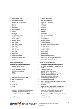 























physical test case
preparation phase
preserving the testware
pretest
priority
prototype
requirements
retests
severity
specification phase
starting point
static testing
system testing
test basis
test object intake
test level
test script
test situation
test unit
testability
testability review
testability review report
testware

3. Development testing
3.1 Aspects of development testing
 build & deploy scripts

 caso de teste físico
 fase de preparação
 preservar o testware
 pré-teste
 prioridade
 protótipo
 requisitos
 retestes
 severidade
 fase de especificação
 linha-base
 teste estático
 teste de sistema
 insumo de teste
 recebimento do objeto de teste
 nível de teste
 script de teste
 cenário de teste
 teste unitário
 testabilidade
 revisão da testabilidade
 relatório de revisão da testabilidade
 testware (artefatos de teste)

3. Teste de desenvolvimento
3.1 Aspectos do teste de desenvolvimento
 scripts de compilação e deployment do
build
 integração contínua
 teste de desenvolvimento
 DSDM - Dynamic Systems Development
Method - Método dinâmico de
desenvolvimento de sistemas
 eXtreme Programming (XP)
 Programação em pares
 RUP - Rational Unified Process - Processo
Unificado Rational
 SCRUM
 SDM - System Design and Management
- Gerencimento e design de sistema





Continuous Integration
development testing
DSDM





eXtreme Programming (XP)
Pair Programming
RUP




SCRUM
SDM



(system) development method: agile,
waterfall, incremental, iterative



(sistema) método de desenvolvimento:
ágil, cascata, incremental, iterativo



Test Driven Develoment (TDD)





test harness



Desenvolvimento Direcionado pelos Testes
(TDD)
harness do teste

13
®

Guia de Preparação TMap NEXT Test Engineer
(TMPTE.PR)

 