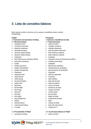 3. Lista de conceitos básicos
Este capítulo contém os termos com os quais os candidatos devem mostrar
familiaridade.
English
1. Framework and importance of testing
1.1 Structured testing
 acceptance test
 corrective measures
 detective measures
 development tests
 dynamic explicit testing
 dynamic implicit testing
 evaluation
 Key Performance Indicators (KPIs)
 preventive measures
 quality
 quality assurance
 quality characteristic
 quality management
 regression
 regression test
 requirements
 static testing
 structured testing
 system test
 test basis
 test benefits
 test image
 test level
 test type
 test object
 test professional
 testing
 testing method
 unstructured testing
 V-model

Portuguese
1. Estrutura e importância do teste
1.1 Teste estruturado
 teste de aceite
 medidas corretivas
 medidas detectivas
 teste de desenvolvimento
 teste dinâmico explícito
 teste dinâmico implícito
 avaliação
 Indicador Chave de Performance (KPIs)
 medidas preventivas
 qualidade
 garantia de qualidade
 característica de qualidade
 gerenciamento da qualidade
 regressão
 teste de regressão
 requisitos
 teste estático
 teste estruturado
 teste de sistema
 insumo de teste
 benefícios do teste
 imagem do teste
 nível do teste
 tipo de teste
 objeto de teste
 profissional de teste
 teste
 método de teste
 teste não estruturado
 modelo em V

1.2 The essentials of TMap®

1.2 Os princípios básicos do TMap®



acceptance testing



teste de aceite

9
®

Guia de Preparação TMap NEXT Test Engineer
(TMPTE.PR)

 