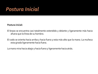.

Postura inicial:
El brazo se encuentra casi totalmente extendido y delante y ligeramente más hacia
afuera que la línea de su hombro.
El codo se orienta hacia arriba y hacia fuera y esta más alto que la mano. La muñeca
esta girada ligeramente hacia fuera.
La mano mira hacia abajo y hacia fuera y ligeramente hacia atrás.

 