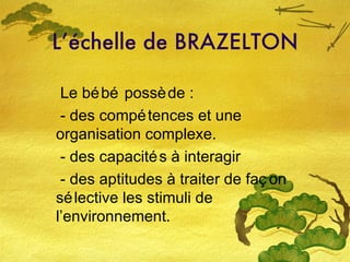 L’échelle de BRAZELTON Le bébé possède : - des compétences et une organisation complexe. - des capacités à interagir  - des aptitudes à traiter de façon sélective les stimuli de l’environnement. 