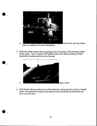 ii)

Maid can walking from the Red Ford Mustang

LIS! with the white bag, Minute

i) While the toddler boarded the rear passenger seat of Escalade, LISI and Mayor FORD
briefly spoke. The two parted, LISI walked south to the vehicle and Mayor FORD
boarded his Escalade and drove out of the area.

i)

Mayor FORD

j) LISI and the unknown male he was with boarded the vehicle and drove back to 5 Madill
Street. LISI entered the residence; the unknown male boarded his mountain bike and
drove out of the area.

99

 