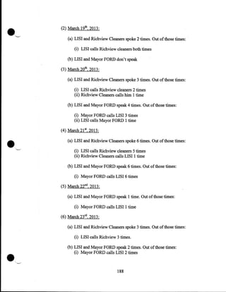 ·~

(2) March 19th, 2013:
(a) LISI and Richview Cleaners spoke 2 times. Out of those times: ·
(i) LISI calls Richview cleaners both times
(b) LISI and Mayor FORD don't speak

(3) March 20th, 2013:
(a) LISI and Richview Cleaners spoke 3 times. Out of those times:
(i) LISI calls Richview cleaners 2 times
(ii) Richview Cleaners calls him 1 time
(b) LISI and Mayor FORD speak 4 times. Out of those times:
(i) Mayor FORD calls LISI 3 times
(ii) LISI calls Mayor FORD 1 time

•

''-..-/

(4) March 21st, 2013:
(a) LISI and Richview Cleaners spoke 6 times. Out of those times:

(i) LISI calls Richview cleaners 5 times
(ii) Richview Cleaners calls LISI 1 time
(b) LISI and Mayor FORD speak 6 times. Out of those times:
(i) Mayor FORD calls LISI 6 times

(5) March 22nd, 2013:
(a) LISI and Mayor FORD speak 1 time. Out of those times:

(i) Mayor FORD calls LISI 1 time

(6) March 23rd, 2013:
(a) LISI and Richview Cleaners spoke 3 times. Out of those times:
(i) LISI calls Richview 3 times.
(b) LISI and Mayor FORD speak 2 times. Out of those times:
. (i) Mayor FORD calls LISI 2 times

188

 