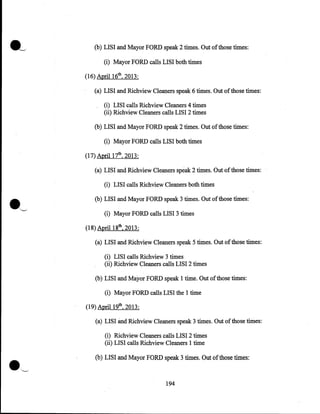 (b) LISI and Mayor FORD speak 2 times. Out of those times:
(i) Mayor FORD calls LISI both times
(16) April 16th, 2013:
(a) LISI and Richview Cleaners speak 6 times. Out of those times:
(i) LISI calls Richview Cleaners 4 times
(ii) Richview Cleaners calls LISI 2 times
(b) LISI and Mayor FORD speak 2 times. Out of those times:
(i) Mayor FORD calls LISI both times
(17) April 17th, 2013:
(a) LISI and Richview Cleaners speak 2 times. Out of those times:

(i) LISI calls Richview Cleaners both times
(b) LISI and Mayor FORD speak 3 times. Out ofthose times:
(i) Mayor FORD calls LISI 3 times
(18) April 18th, 2013:
(a) LISI and Richview Cleaners speak 5 times. Out of those times:
(i) LISI calls Richview 3 times
(ii) Richview Cleaners calls LISI 2 times
(b) LISI and Mayor FORD speak 1 time. Out of those times:

(i) Mayor FORD calls LISI the 1 time
(19) April 19th, 2013:
(a) LISI and Richview Cleaners speak 3 times. Out of those times:
(i) Richview Cleaners calls LISI 2 times
(ii) LISI calls Richview Cleaners 1 time
(b) LISI and Mayor FORD speak 3 times. Out of those times:

194

 