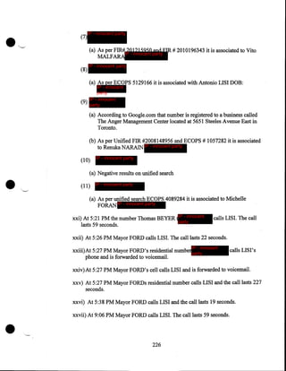 (7)

IP - innocent party

(a) As per FIR# 201215950 and FIR# 2010196343 it is associated to Vito
IP - innocent party
MALFARA
(8)

IP - innocent party

(a) As perECOPS 5129166 it is associated with Antonio LISI DOB:

IP - innocent
party
IP - innocent
(9)
party

(a) According to Google.com that number is registered to a business called
The Anger Management Center located at 5651 Steeles Avenue East in
Toronto.
(b) As per Unified FIR #2008148956 and ECOPS # 1057282 it is associated
to Renuka NARAIN IP - innocent party

•

(1 0)

IP - innocent party

(a) Negative results on unified search
(11) IP - innocent party
(a) As per unified search ECOPS 4089284 it is associated to Michelle
FORAN IP - innocent party
xxi) At 5:21PM the number Thomas BEYER IP - innocent
party
lasts 59 seconds.

calls LISI. The call

xxii) At 5:26PM Mayor FORD calls LISI. The call lasts 22 seconds.
IP - innocent

xxiii)At 5:27PM Mayor FORD's residential numberparty
phone and is forwarded to voicemail.

calls LISI's

xxiv)At 5:27PM Mayor FORD's cell calls LISI and is forwarded to voicemail.
xxv) At 5:27PM Mayor FORDs residential number calls LISI and the call lasts 227
seconds.
xxvi) At 5:38PM Mayor FORD calls LISI and the call lasts 19 seconds.

•

xxvii) At 9:06 PM Mayor FORD calls LISI. The call lasts 59 seconds.

226

 