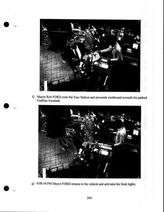 •

•

f) Mayor Rob FORD exits the Esso Station and proceeds westbound towards his parked
Cadillac Escalade .

g) 9:08:34 PM Mayor FORD returns to his vehicle and activates his front lights.

264

 